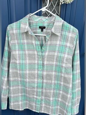 Talbots Mint Green and Gray Plaid Button-Front Shirt